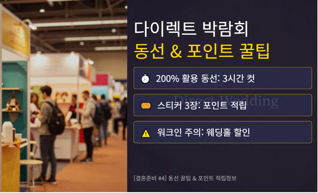 다이렉트 웨딩 박람회 전경을 배경으로 효율적인 동선, 포인트 적립 꿀팁, 웨딩홀 워크인 주의사항을 핵심만 요약한 [결혼준비 #4] 대표 이미지