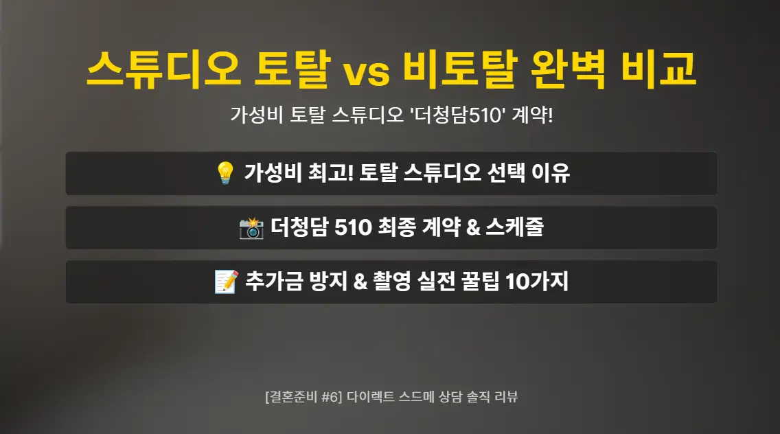 다이렉트 웨딩 스드메 상담 중 토탈과 비토탈 스튜디오의 장단점을 비교하고 더청담510 스튜디오를 최종 선택한 후기를 다룬 [결혼준비 #6] 대표 이미지로, 토탈 스튜디오 선택 이유와 촬영 꿀팁, 추가금 방지 노하우를 요약한 썸네일