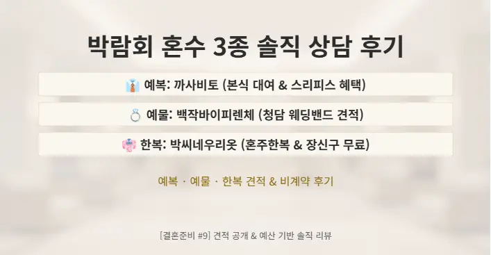 다이렉트 웨딩 박람회 혼수 상담 후기를 다룬 [결혼준비 #9] 대표 이미지로, 까사비토 예복 대여 견적, 백작바이피렌체 청담 예물 웨딩밴드, 박씨네우리옷 혼주 한복 혜택 및 솔직한 비계약 사유를 요약한 썸네일